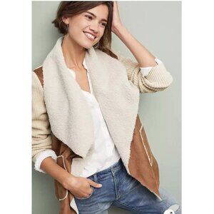 Anthropologie Sherpa Moto Vest Jacket Brown Tan Open Front Soft Cozy Lined S
